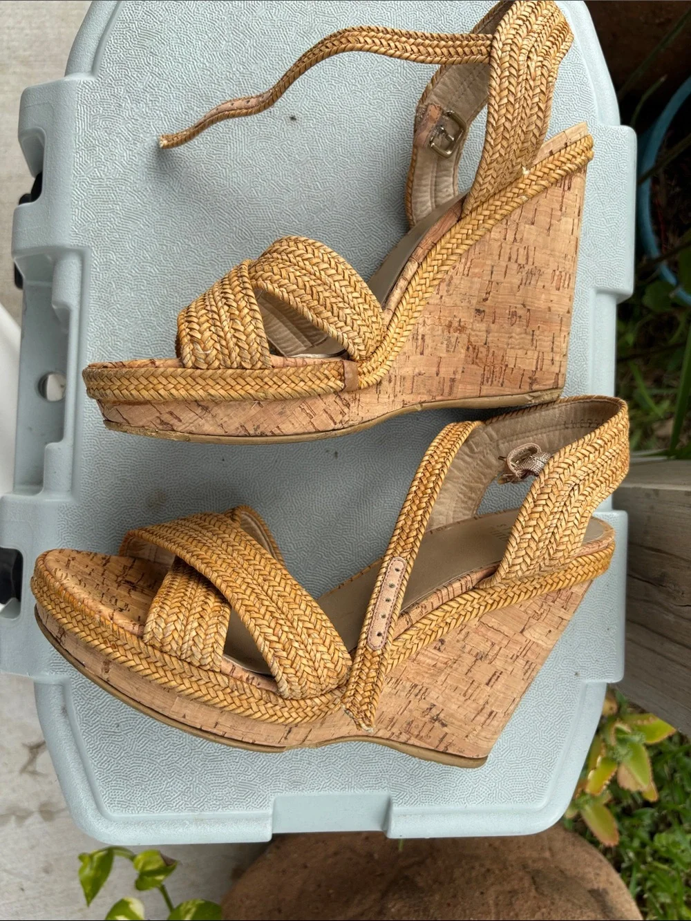 Stuart Weitzman Tan Braided Cork Wedge Sandals - Picture 2 of 7